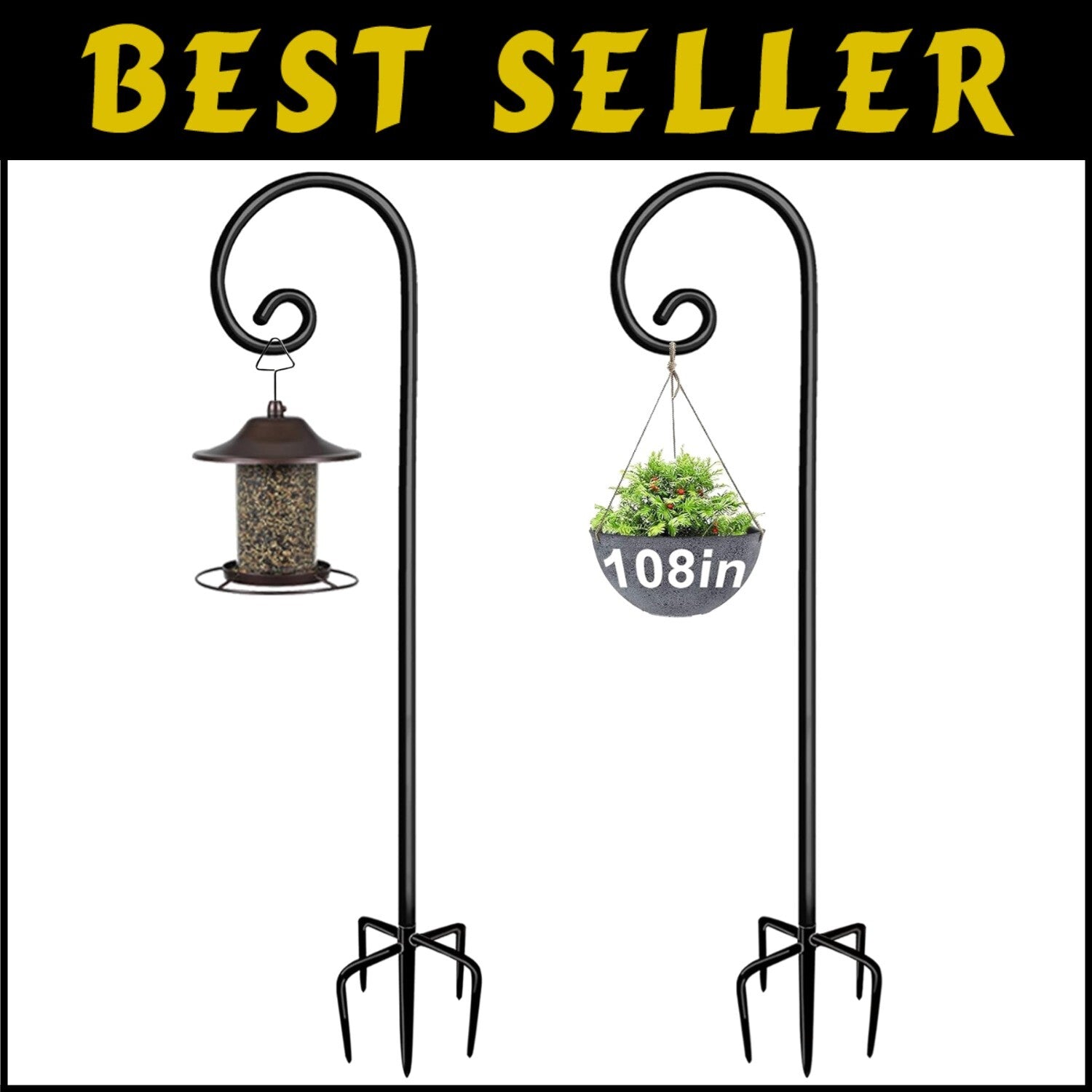 Elegant Black Outdoor Shepherd Hooks - Adjustable 5-Prong Garden Poles for Decor