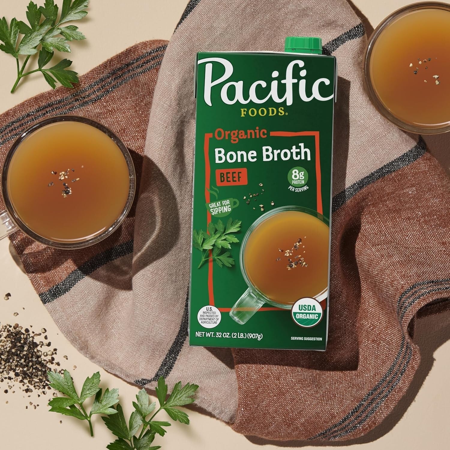 12-Pack Organic Beef Bone Broth, 32 Oz Each - Gluten-Free, Nourishing Beverage