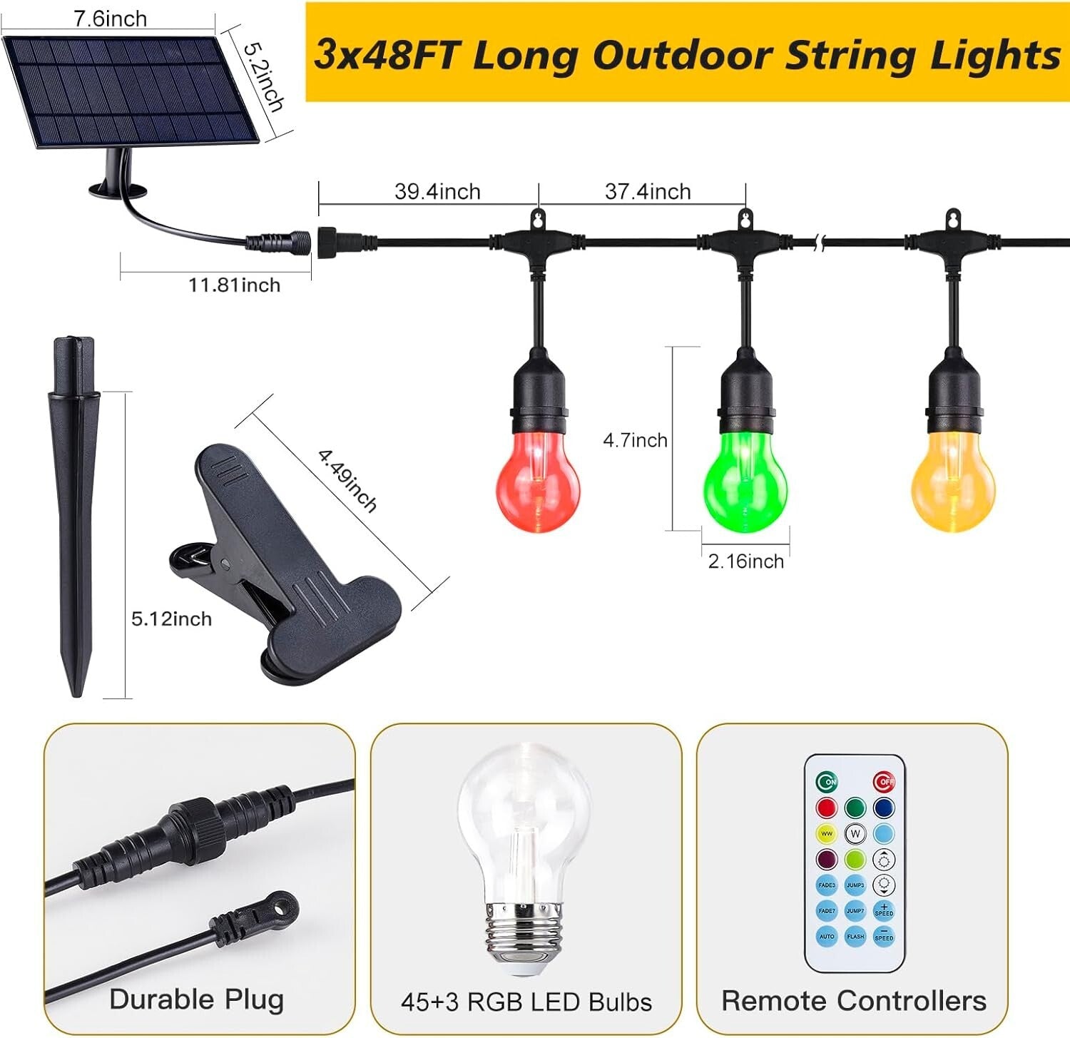 Dynamic Outdoor RGB String Lights - 8 Colors & USB Rechargeable Solar Panel