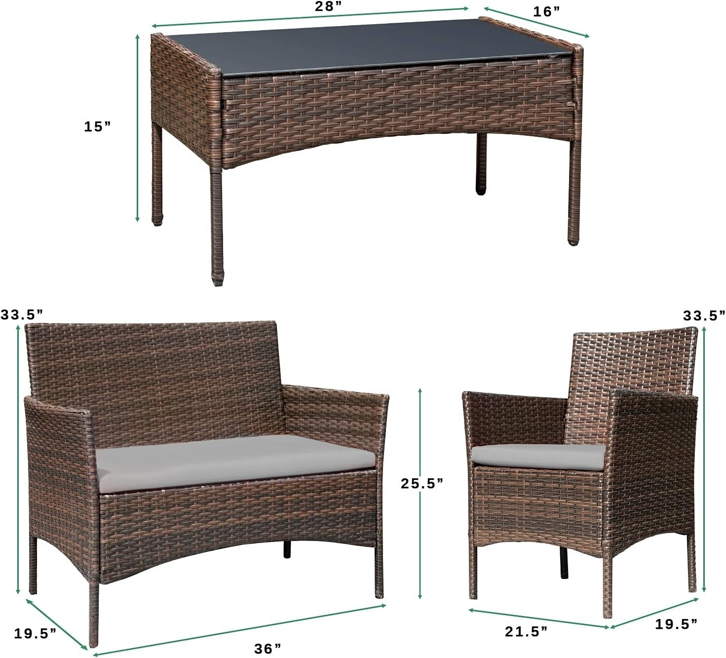Durable Outdoor 4-Piece Wicker Set with Cushions & Chic Glass Table - Brown/Gray