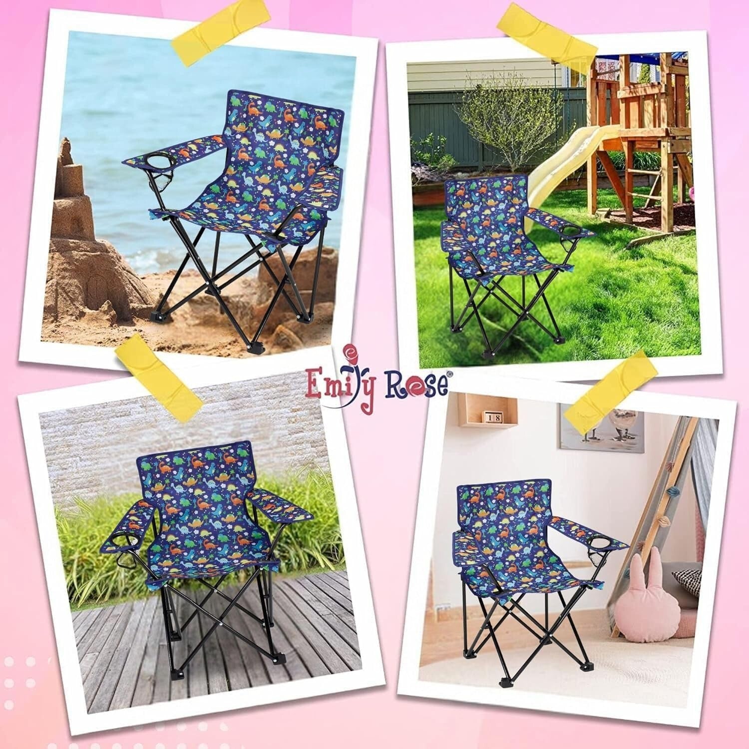 Portable Kids Folding Chair with Safety Lock & Cup Holder - Playful Dinosaurs