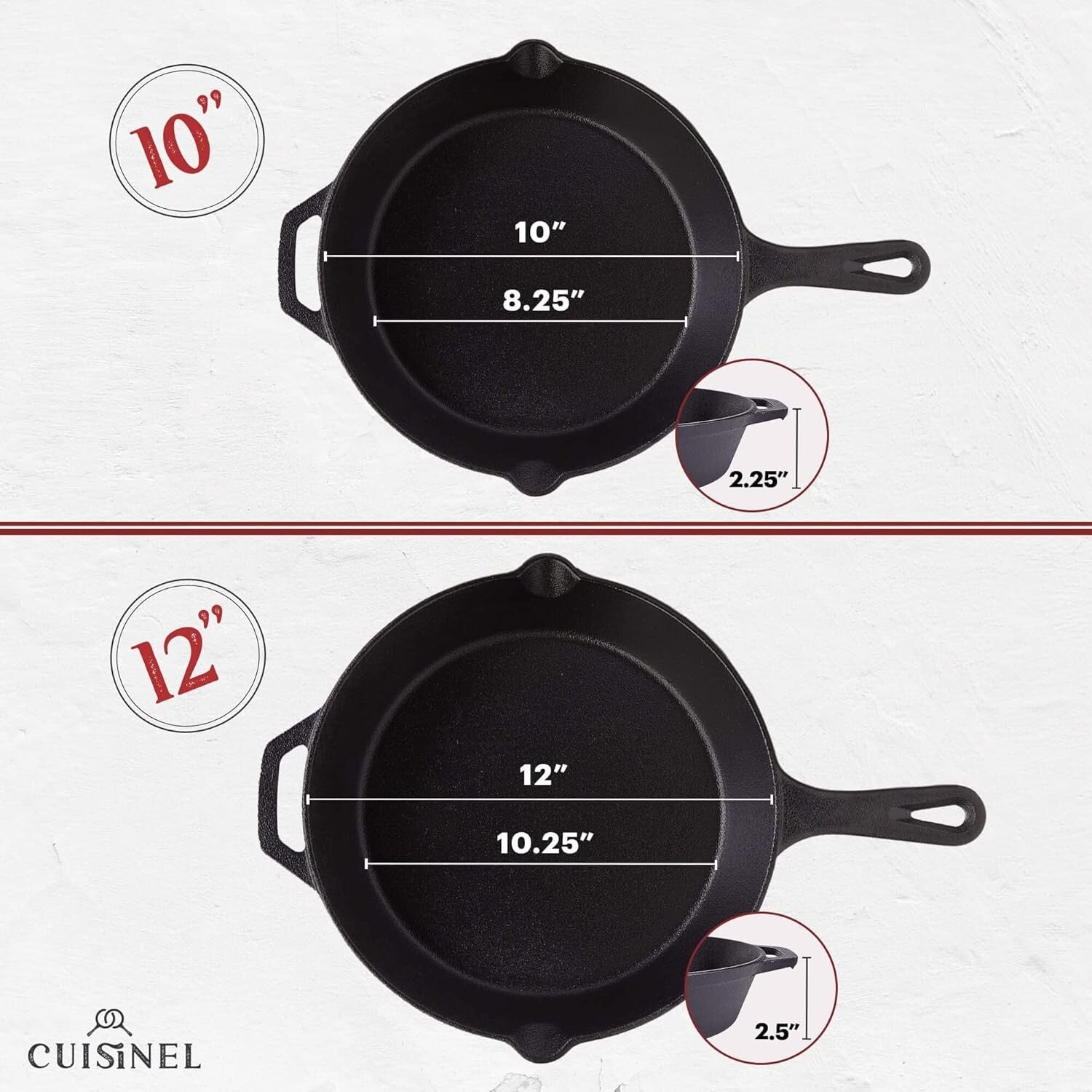 10" and 12" Cast Iron Frying Pans - Pre-Seasoned Cookware with Silicone Grips