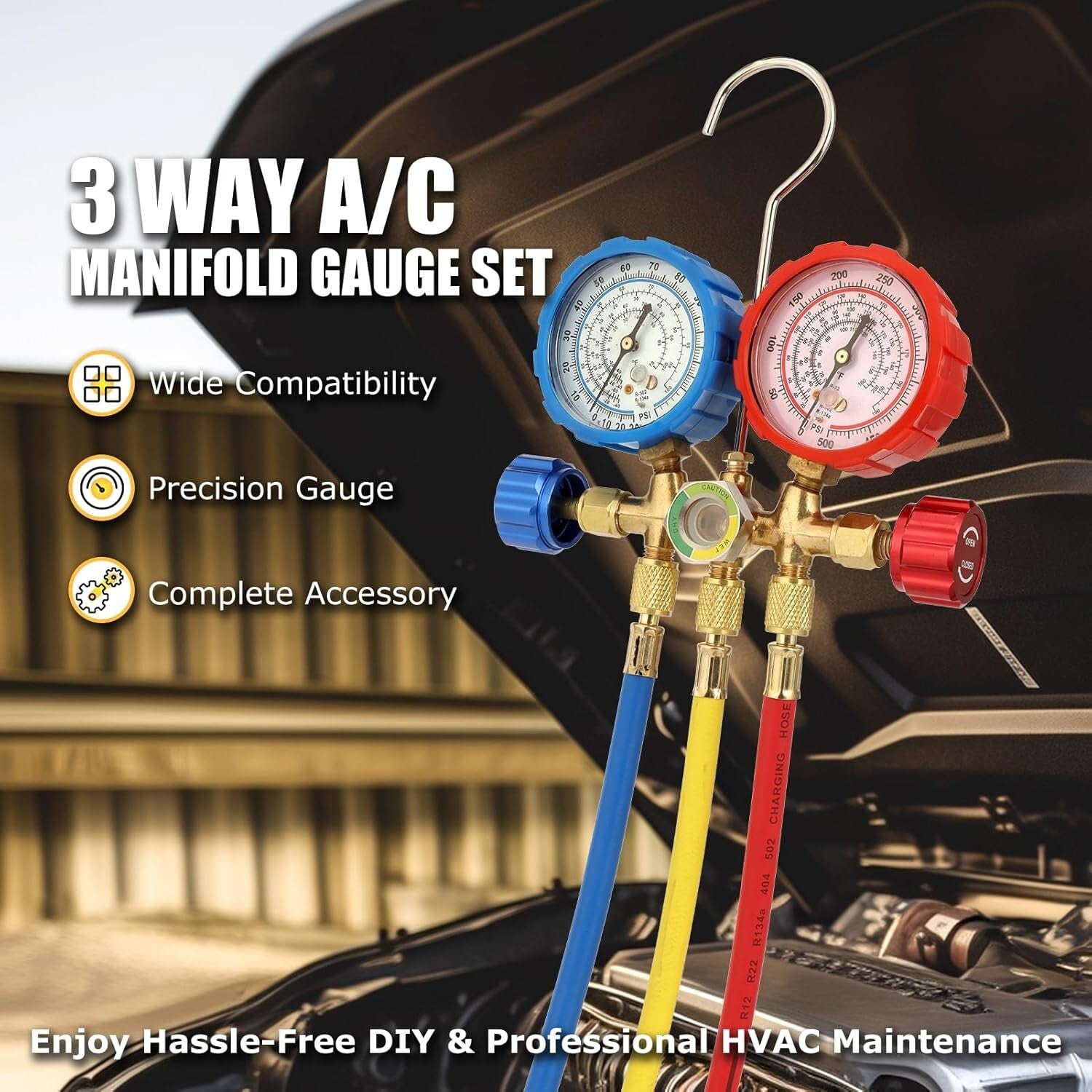 Professional 3-Way A/C Manifold Gauge Set for R134A R12 R22 R502 Refrigerants