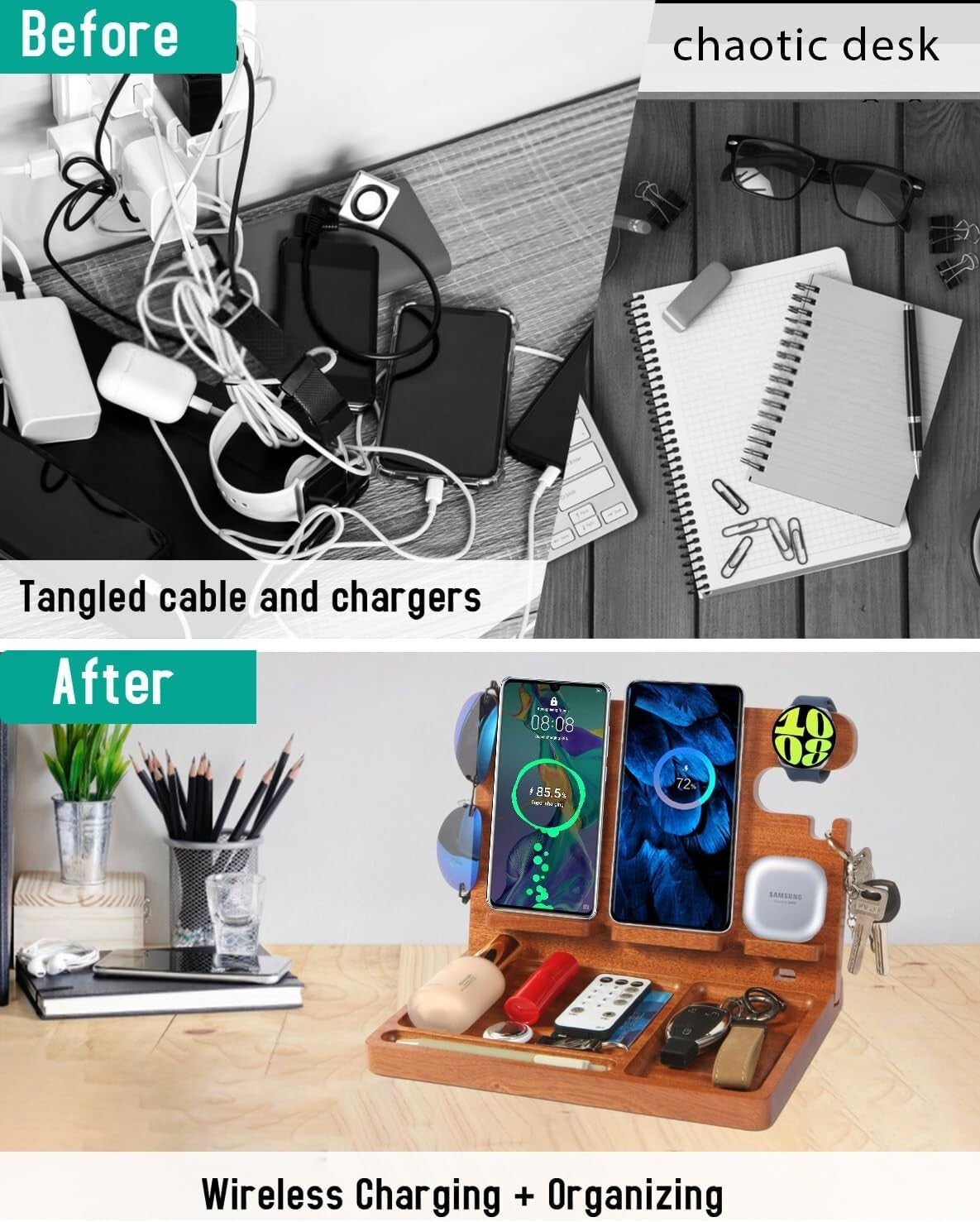 27W Wood Charging Station: 4-in-1 Fast Wireless Charger & Nightstand Organizer