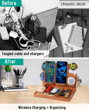 Load image into Gallery viewer, 27W Wood Charging Station: 4-in-1 Fast Wireless Charger &amp; Nightstand Organizer
