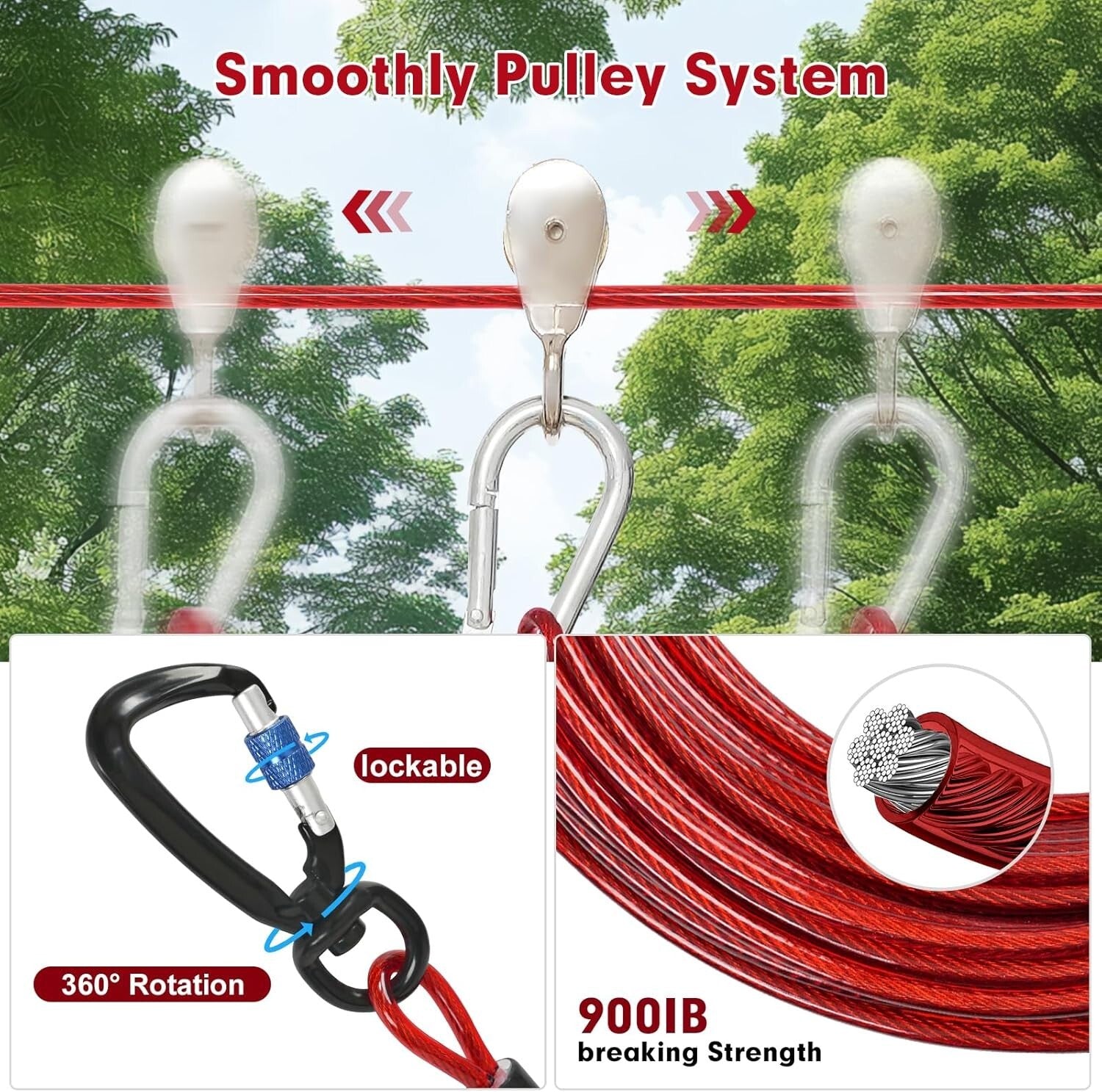 Tangle-Free Heavy-Duty Dog Zip Line - 75ft Anti-Shock System for 300lbs Dogs