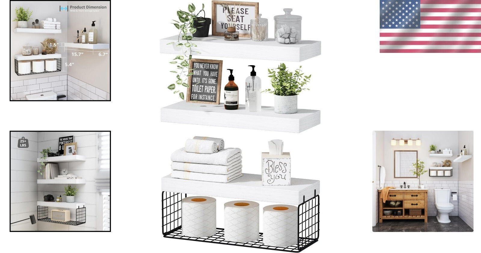 Farmhouse Floating Bathroom Shelves Set of 3 - Over Toilet Storage Solution