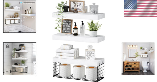 Farmhouse Floating Bathroom Shelves Set of 3 - Over Toilet Storage Solution