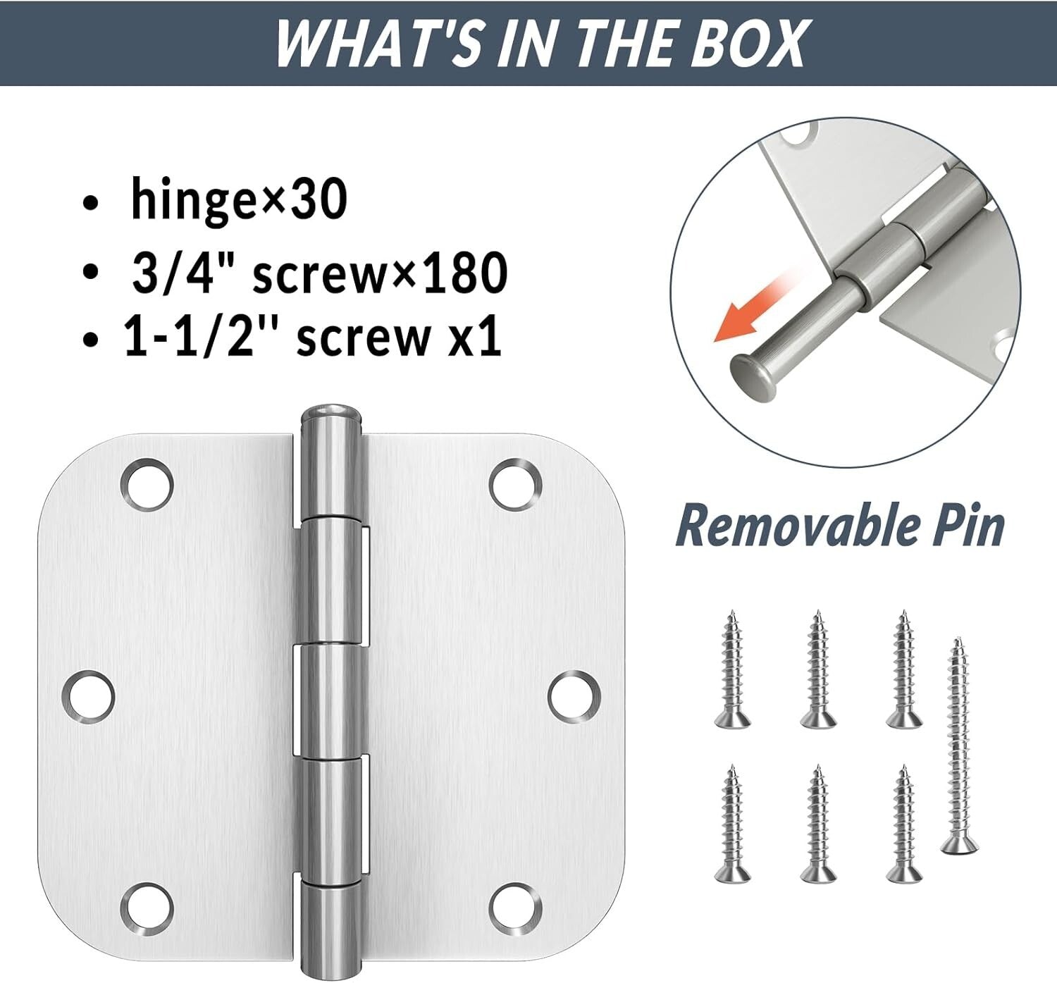 Classic Brushed Nickel 30 Pack Door Hinges 3.5" x 3.5" with Removable Pins
