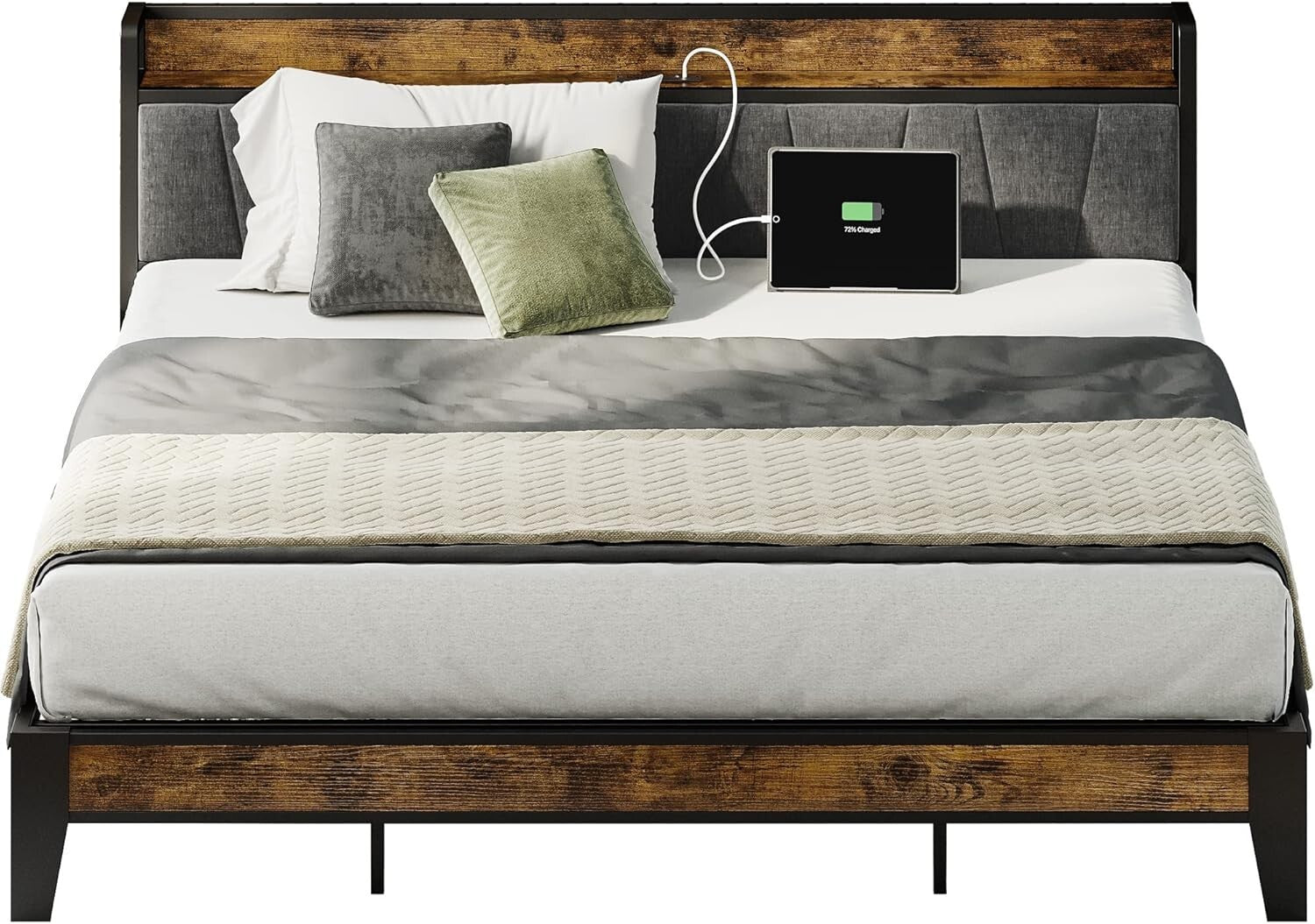 King Size Bed Frame with Storage Headboard & Charging Station - Easy Assembly