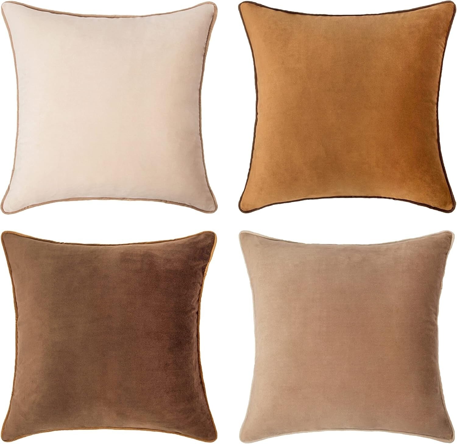 Contemporary Brown/Beige Velvet Cushion Covers - Set of 4 - All-Season Use