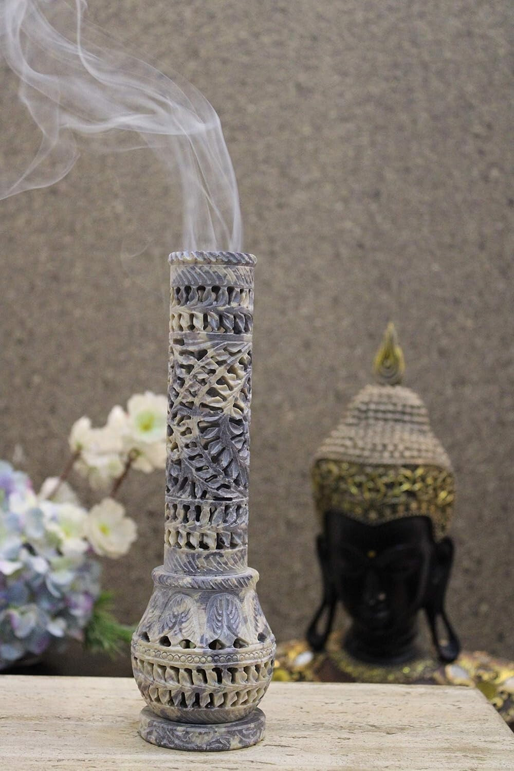 Intricate Floral Carved Soapstone Incense Tower & Tea Light Stand for Gifting