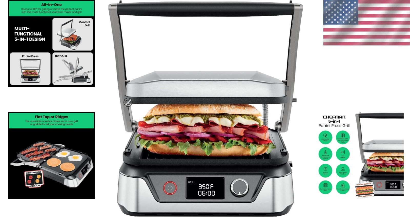 5-in-1 Stainless Steel Panini Press and Indoor Grill - 180° Versatile Cooking
