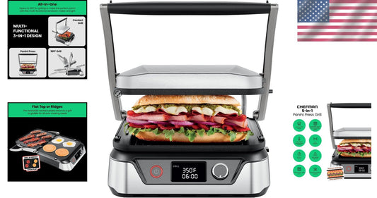 5-in-1 Stainless Steel Panini Press and Indoor Grill - 180° Versatile Cooking