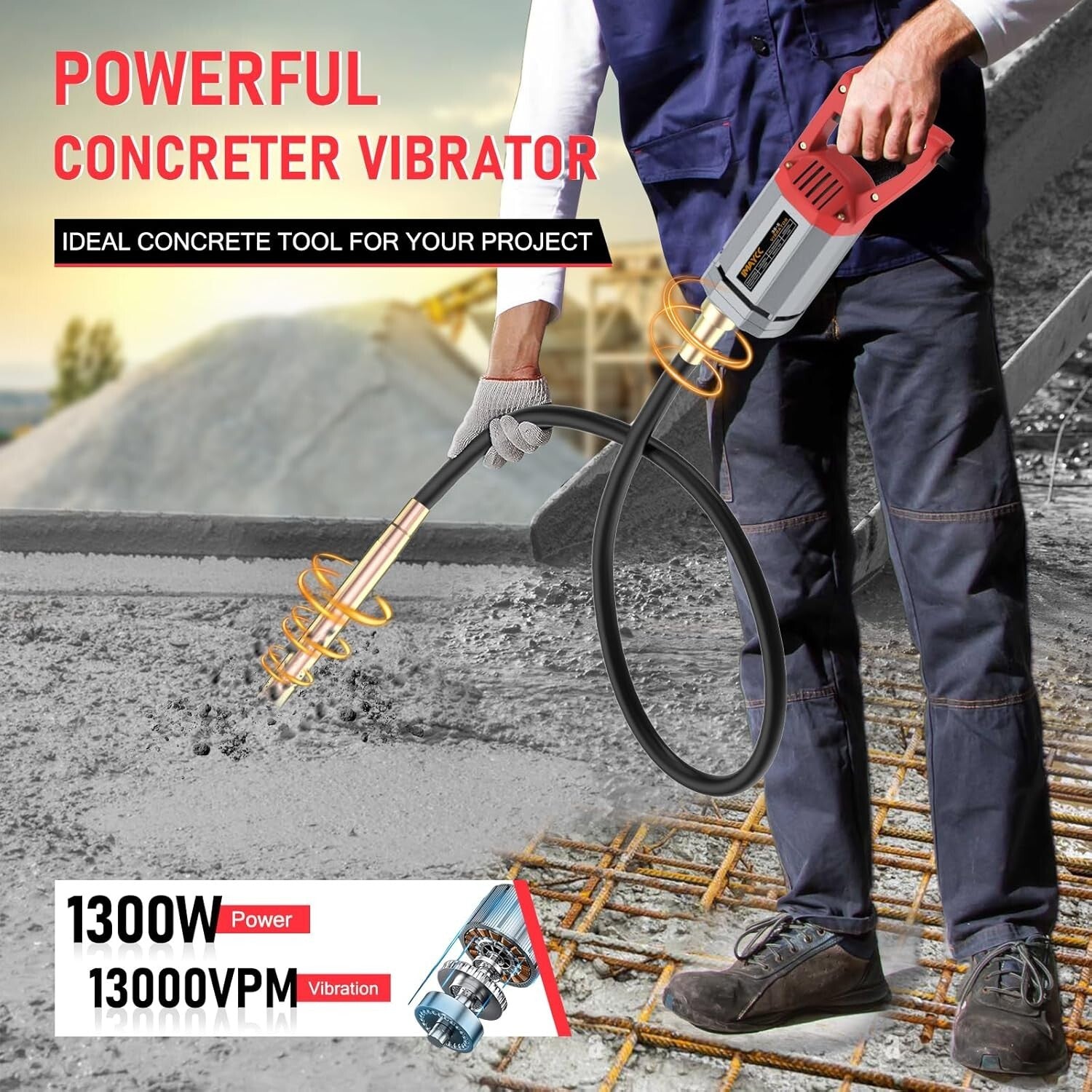 Efficient 1300W Concrete Vibrating Tool - 6.6 FT Long Copper Shaft for Easy Use