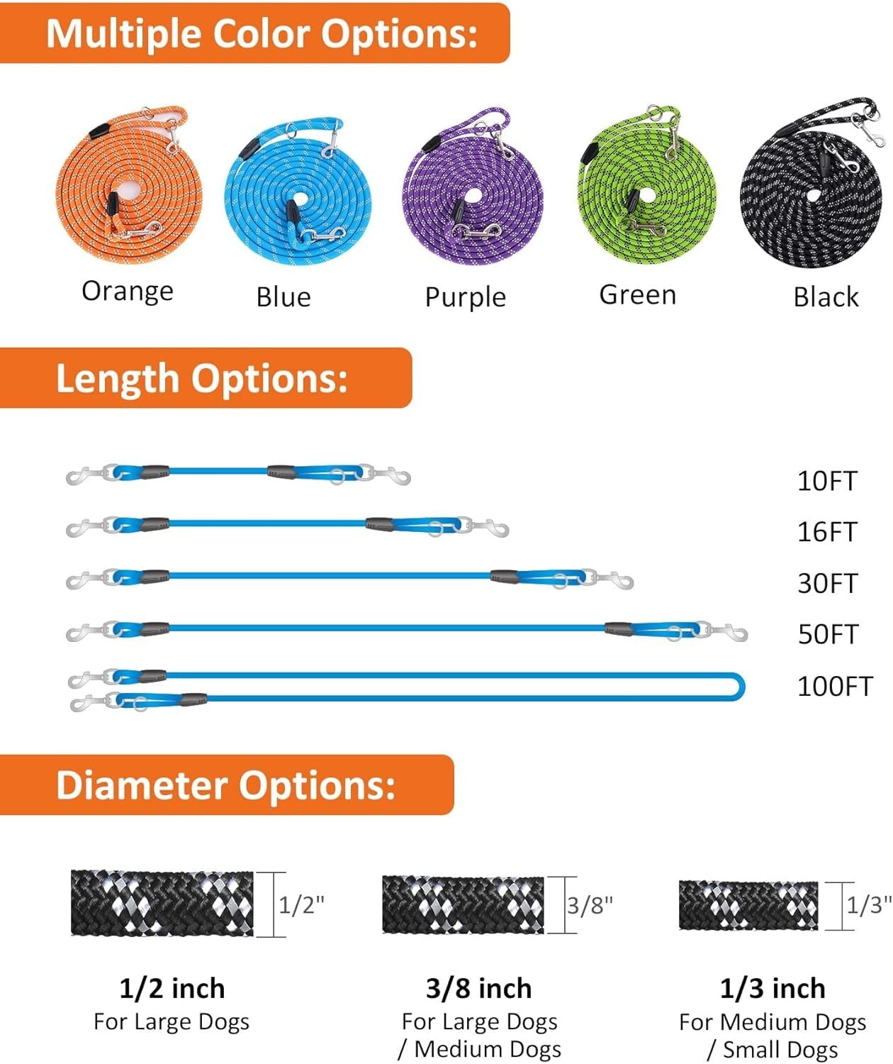 Premium 2 Pack Long Dog Leashes: 50FT with Reflective Thread for Added Safety