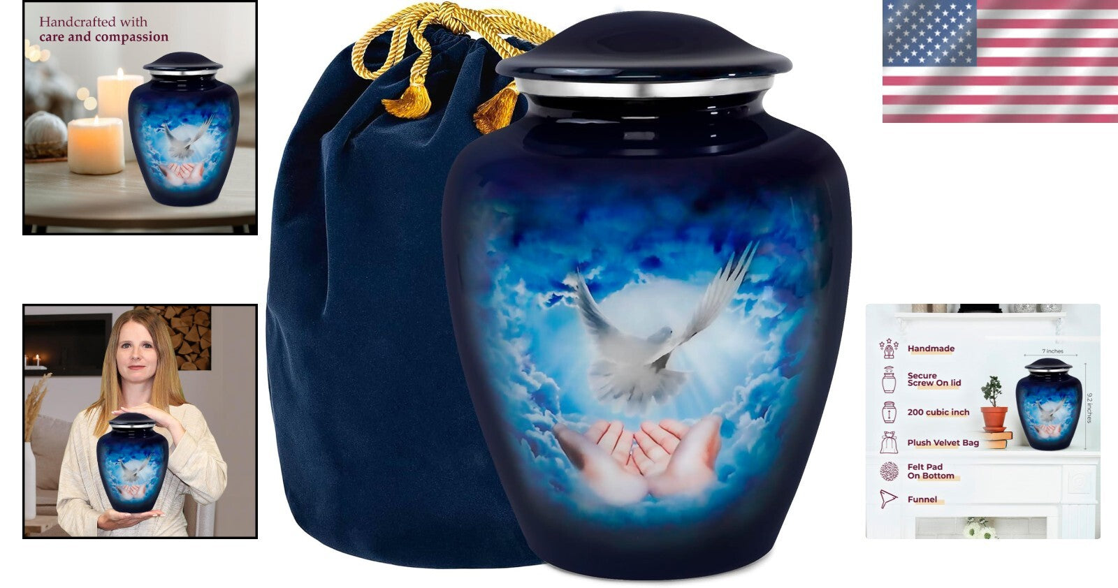 Durable 9.2" Blue Dove Cremation Urn - Secure Threaded Top, Velvet Bag Included