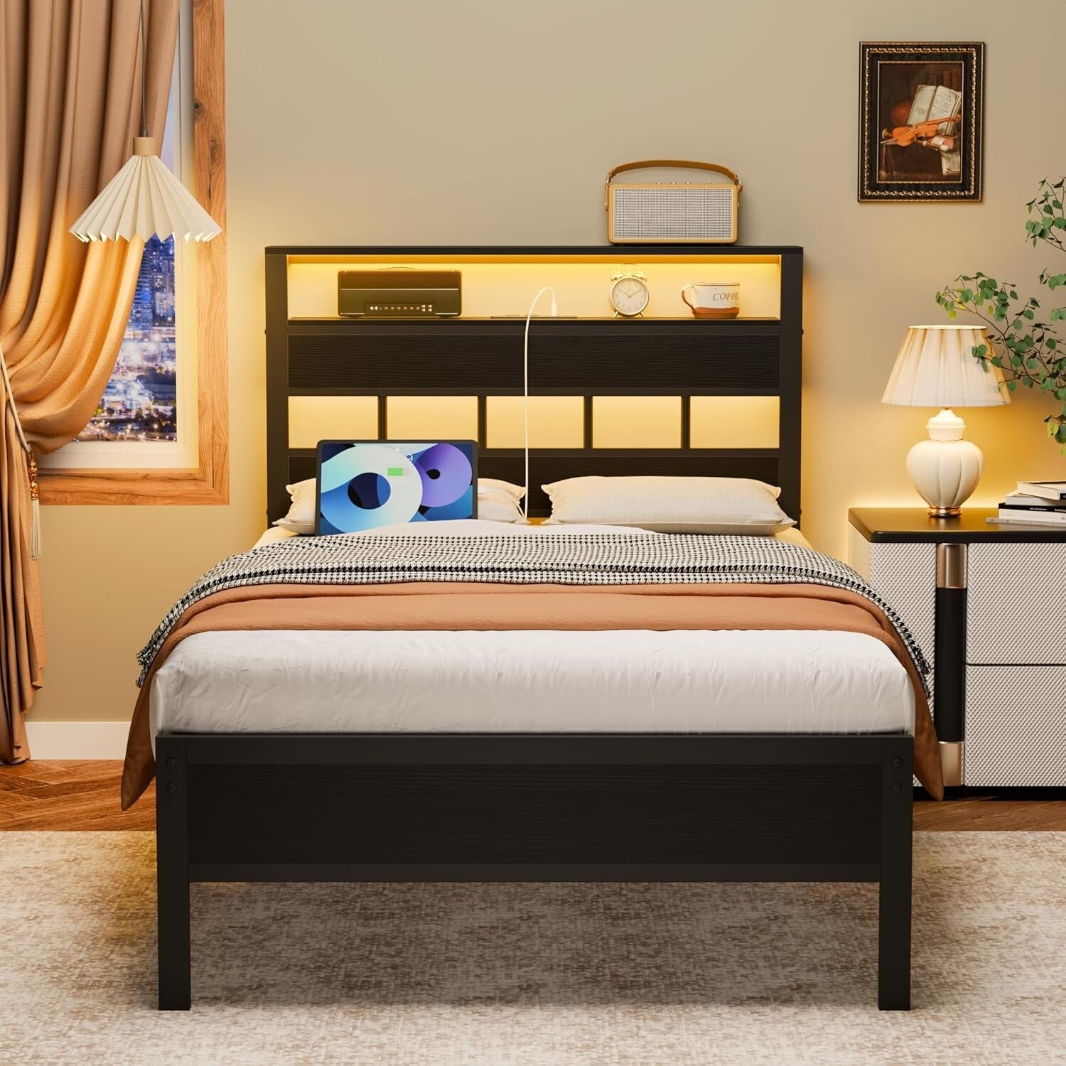 Durable Twin Bed Frame with USB Charging Station & Under-Bed Storage Solutions