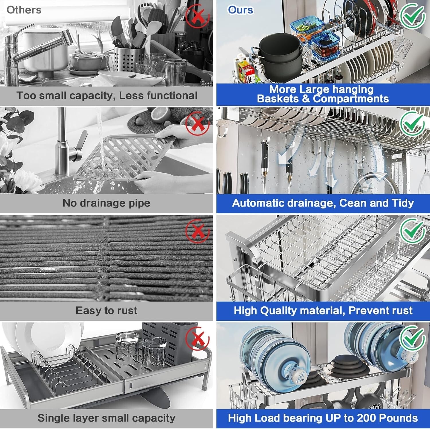 3-Tier Adjustable Over Sink Dish Drying Rack - Full Stainless Steel Storage