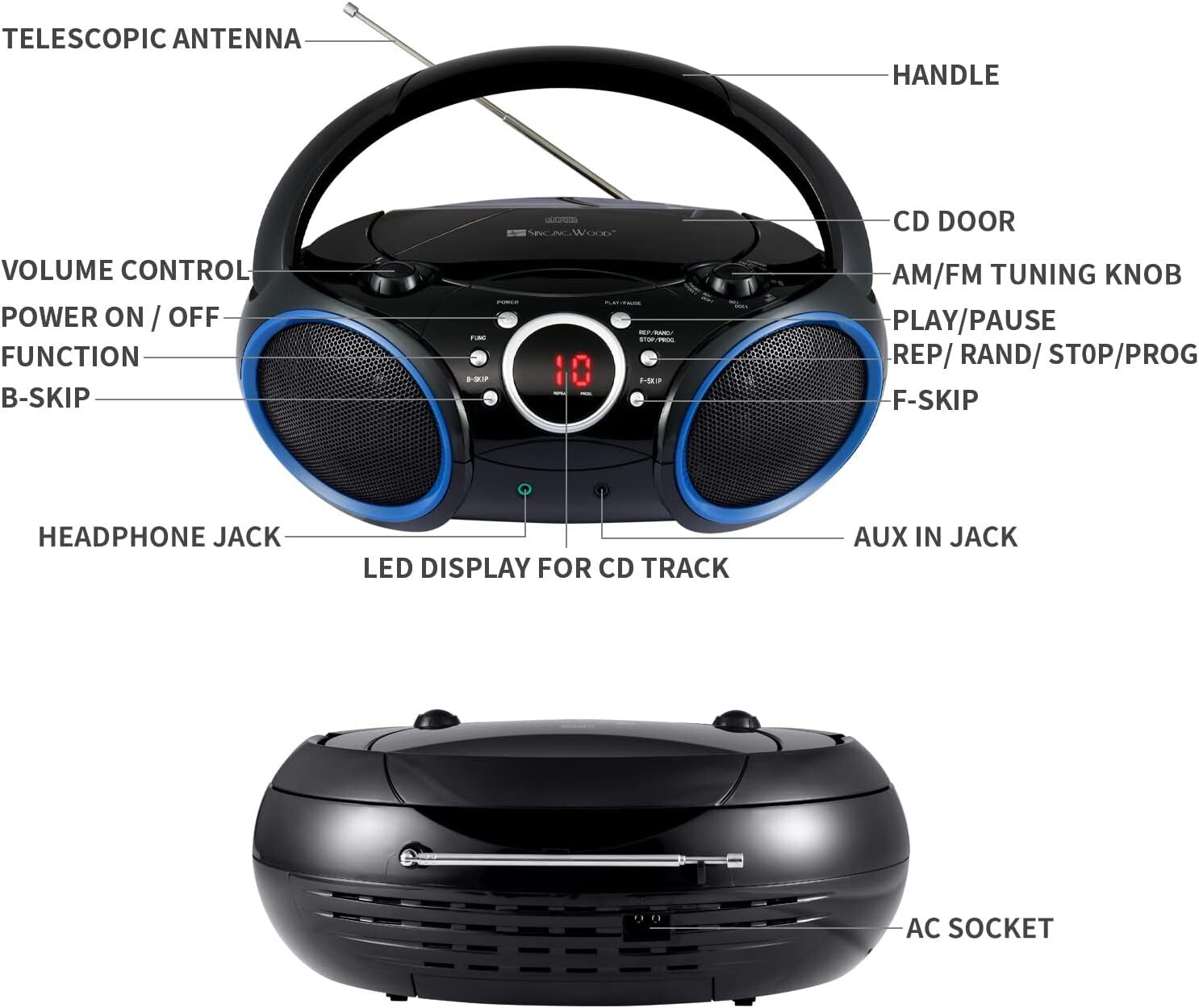 030C Portable CD Player Boombox with AM/FM Radio & Aux for Easy Connectivity