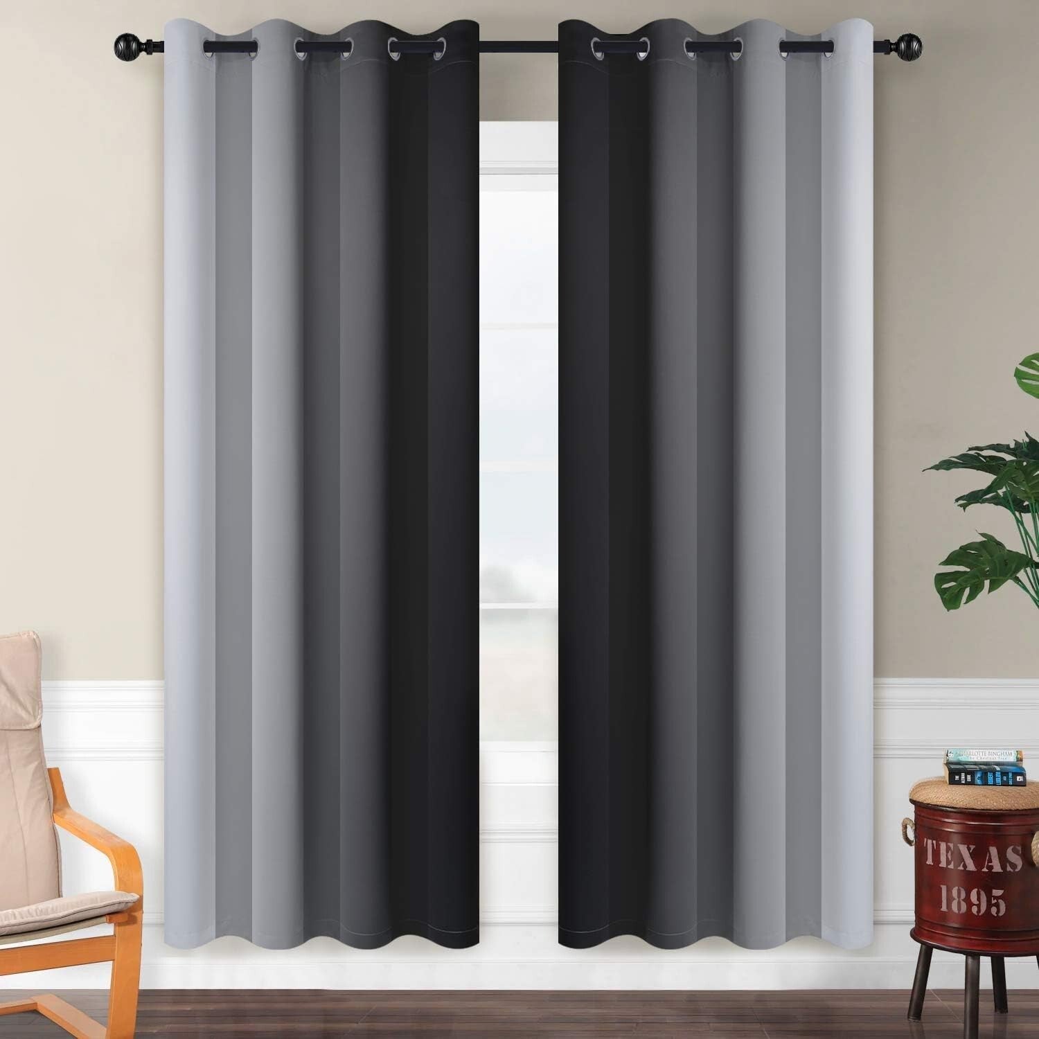 Soft Gradient Black and Grey Grommet Curtains, 2 Panels 52x72 - Noise Reduction