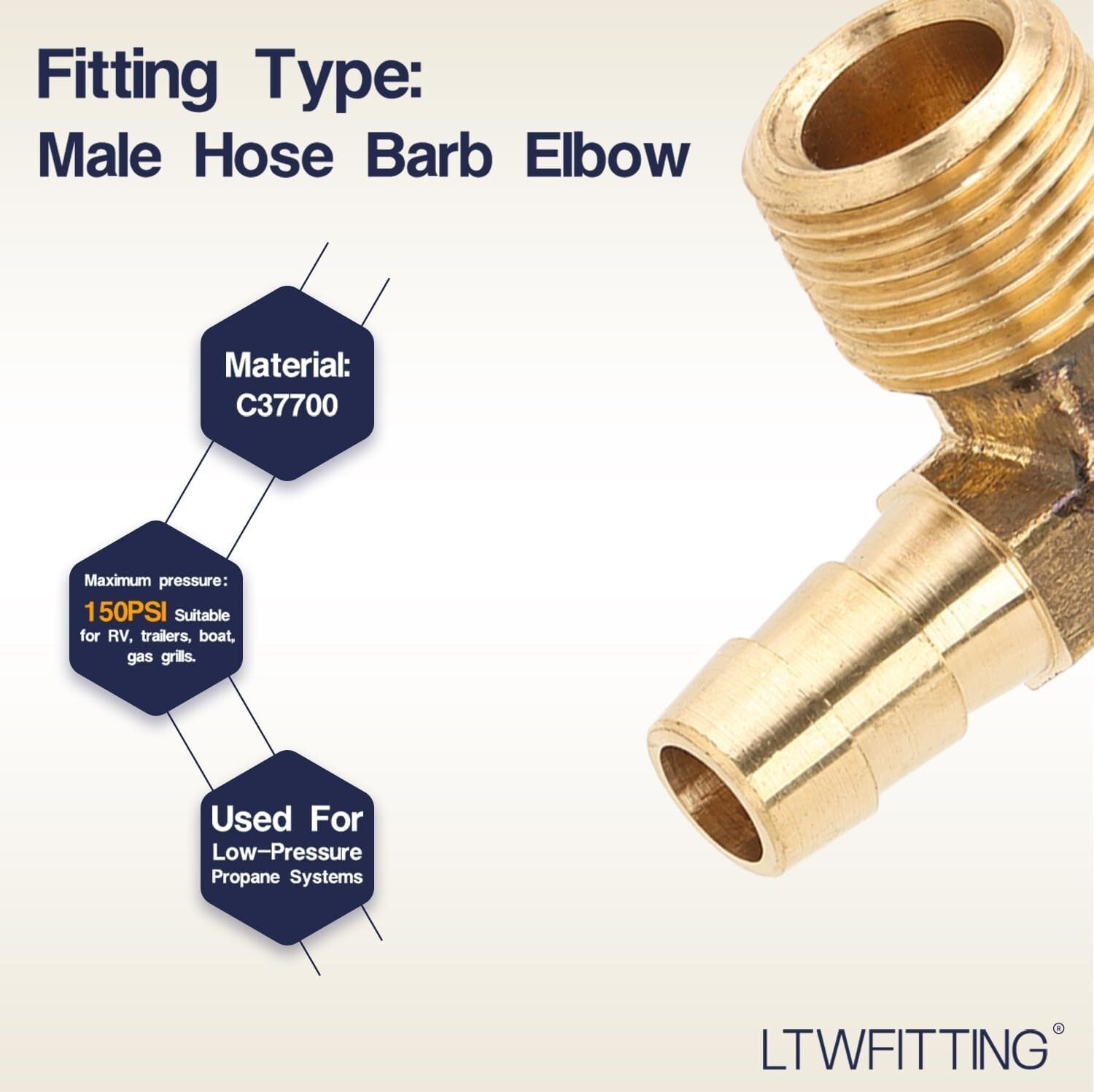 Durable 90° Brass Barb Elbow Hose Fitting, 3/8" ID X 3/8" Male NPT - 200 Pack