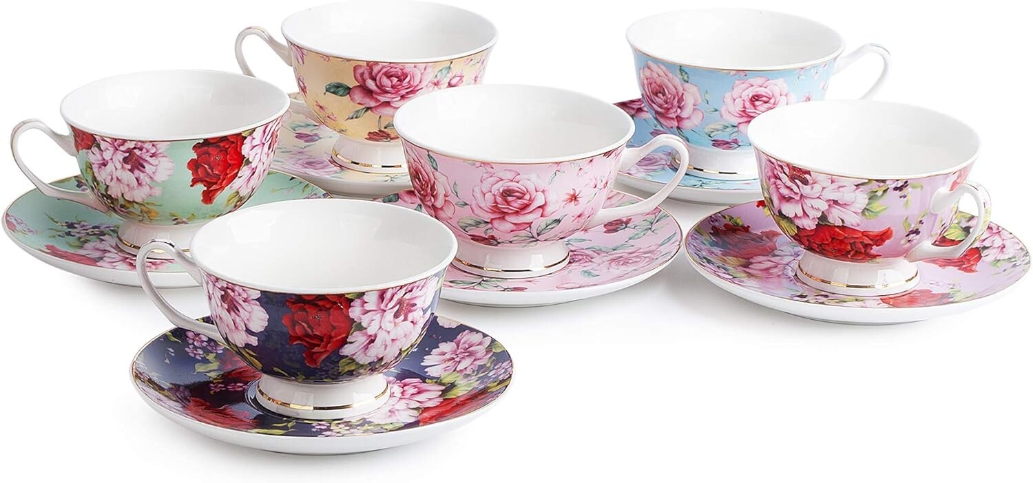 Assorted Floral Tea Cups and Saucers – 6 Piece Set with Elegant Gold Details