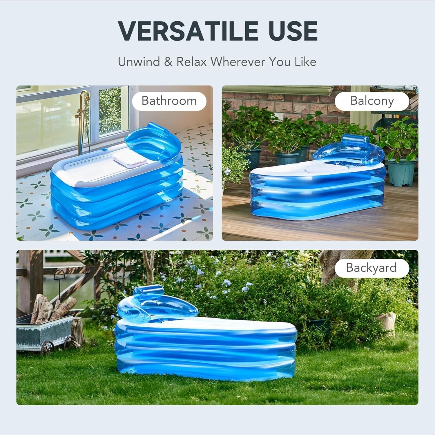 Durable PVC Inflatable Spa Tub with Headrest & Freestanding Design - Light Blue