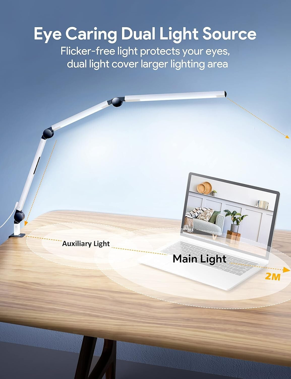 Modern Dual Light Clamp Desk Lamp - Eye-Caring Dimmable LED with Touch Control