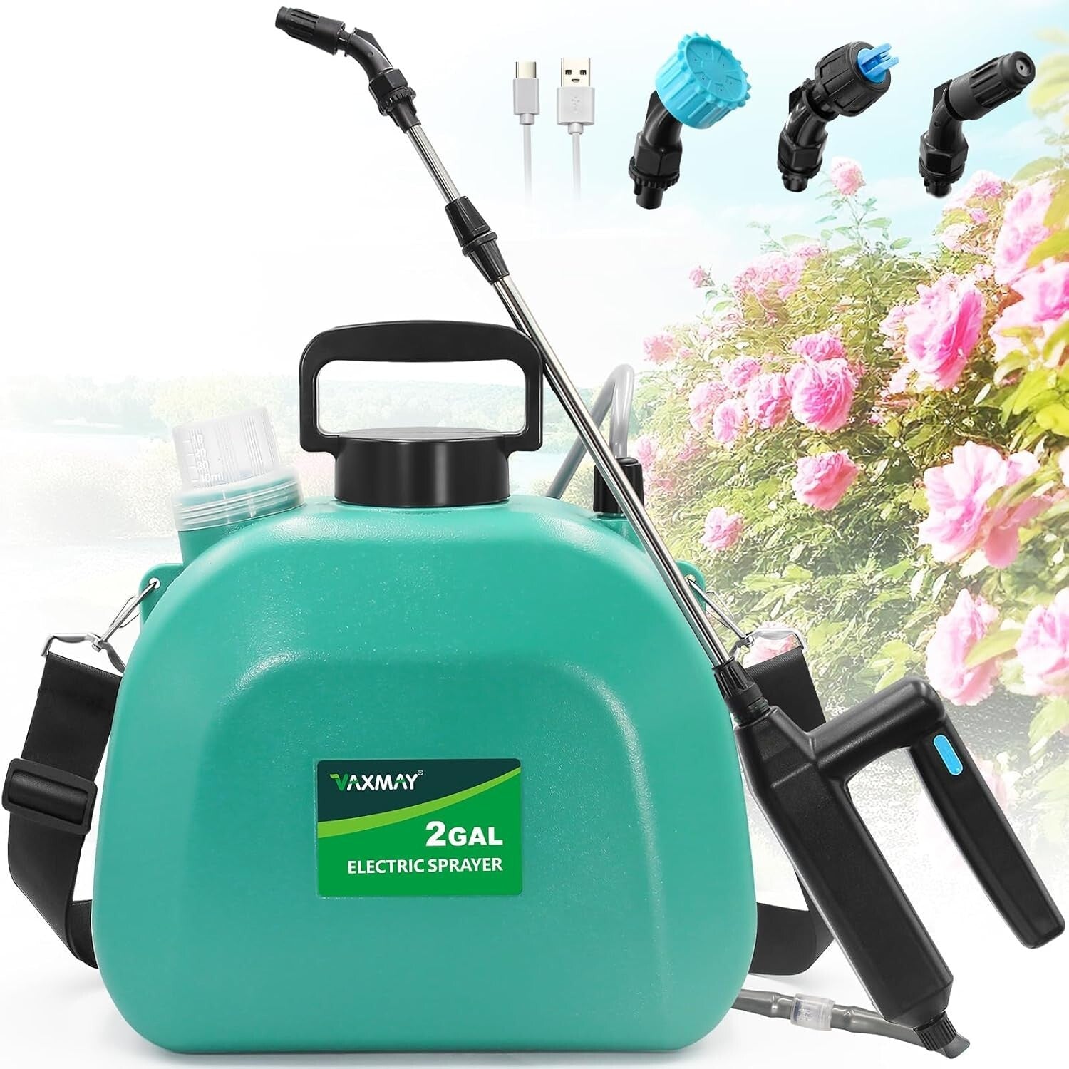Durable 2-Gallon Garden Sprayer with Powerful Motor and 3 Easy-Change Nozzles