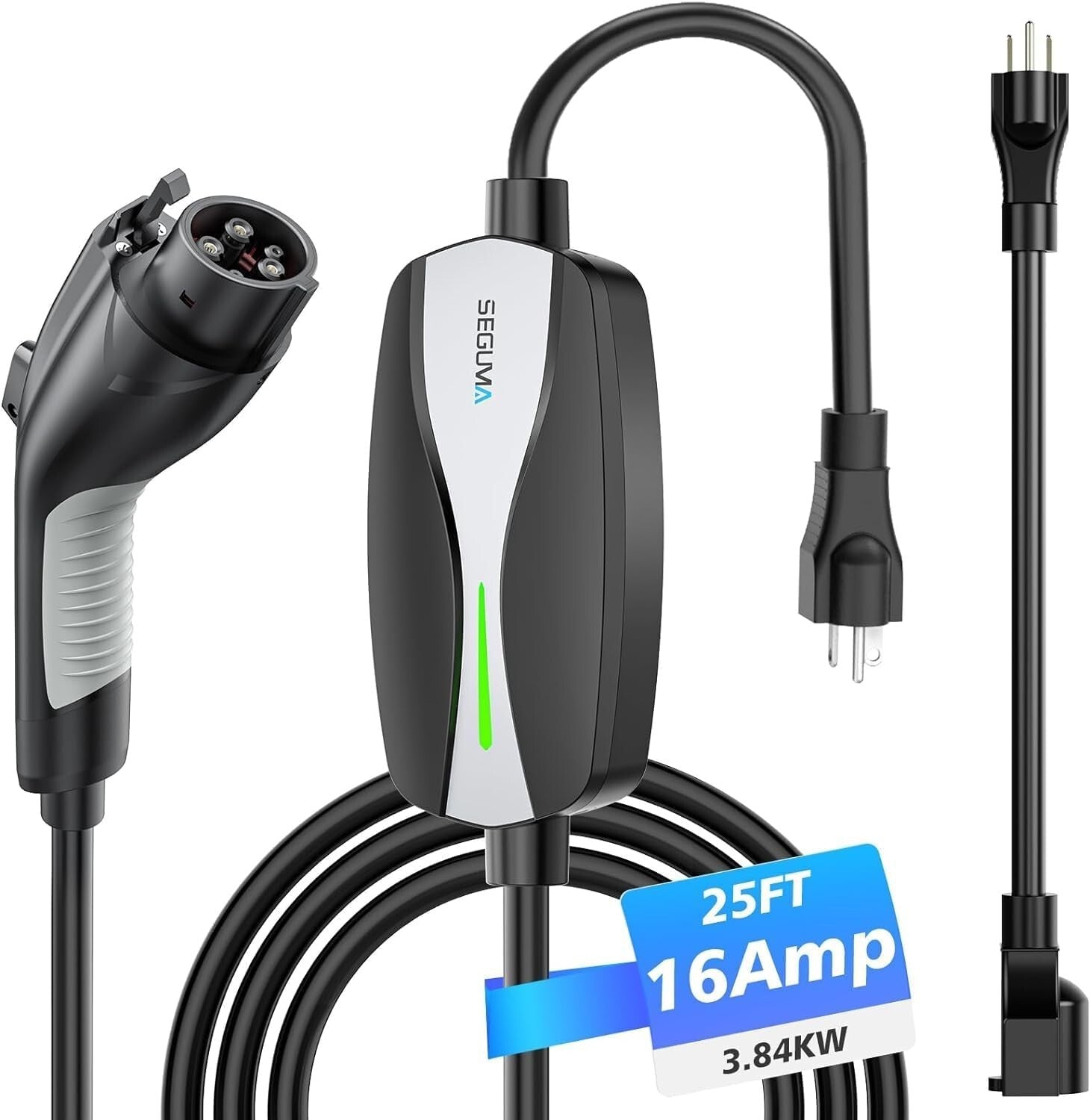 Fast Charging 16A EV Charger, 25FT NEMA 6-20 Plug for Universal Compatibility