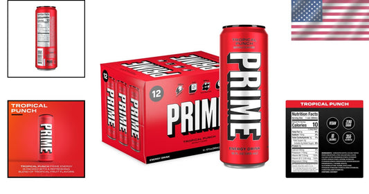 12-Pack PRIME Energy Tropical Punch - Hydrating Vegan Energy Drink with No Sugar