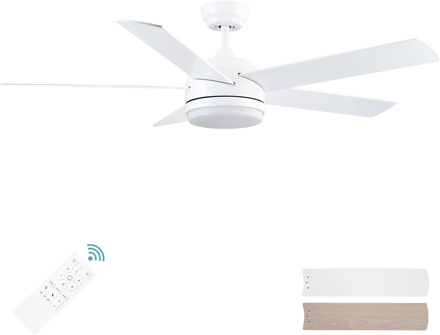 52 Inch White DC Ceiling Fan with Remote & Dimmable LED Light - Modern Elegance