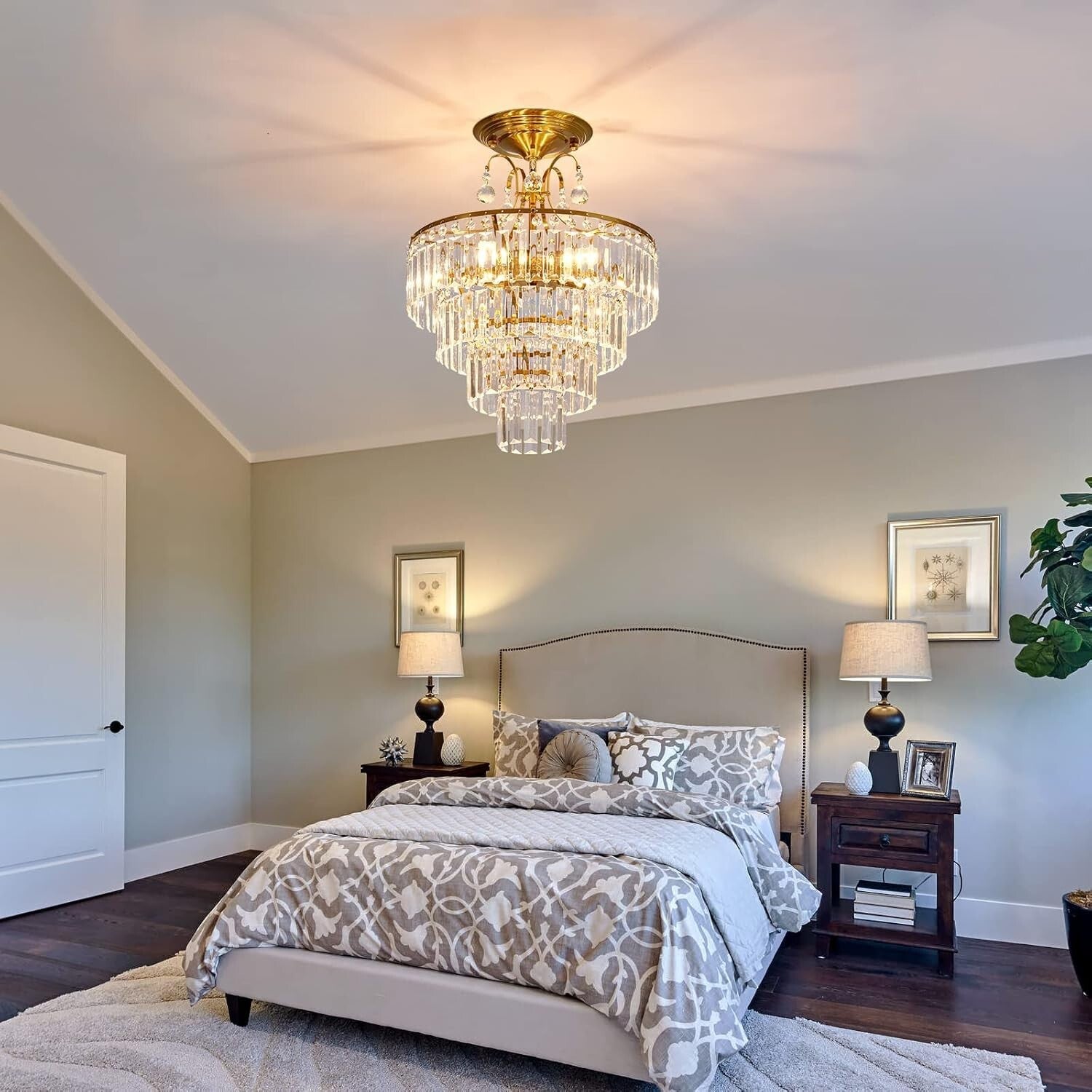 Chic Crystal Gold Semi Flush Mount Chandelier - Ideal for Living & Dining Rooms