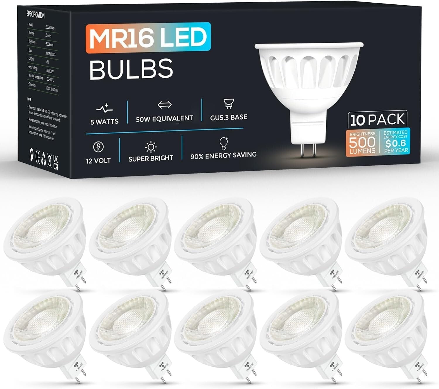 10-Pack Dimmable MR16 LED Bulbs, 5W Equivalent to 50W, GU5.3 Base, UL Listed