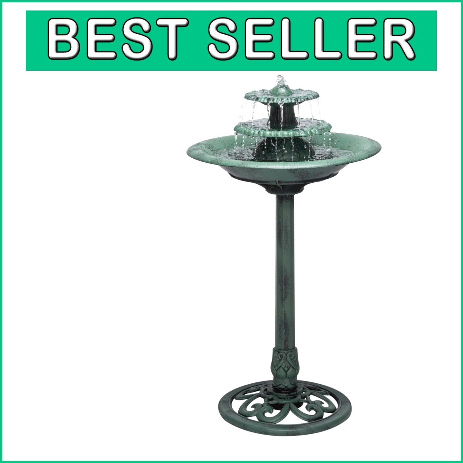 Elegant 3-Tier Pedestal Water Fountain & Birdbath, 35" Green Outdoor Feature