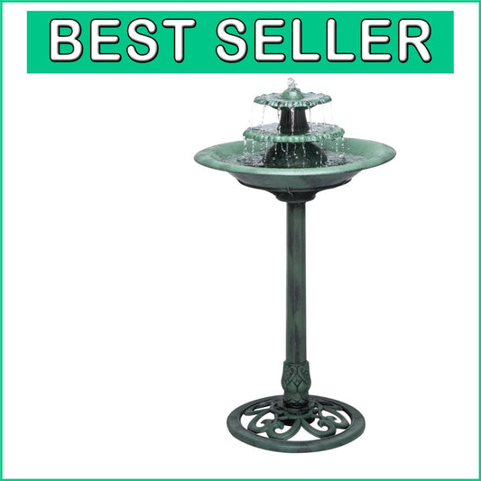 Elegant 3-Tier Pedestal Water Fountain & Birdbath, 35" Green Outdoor Feature