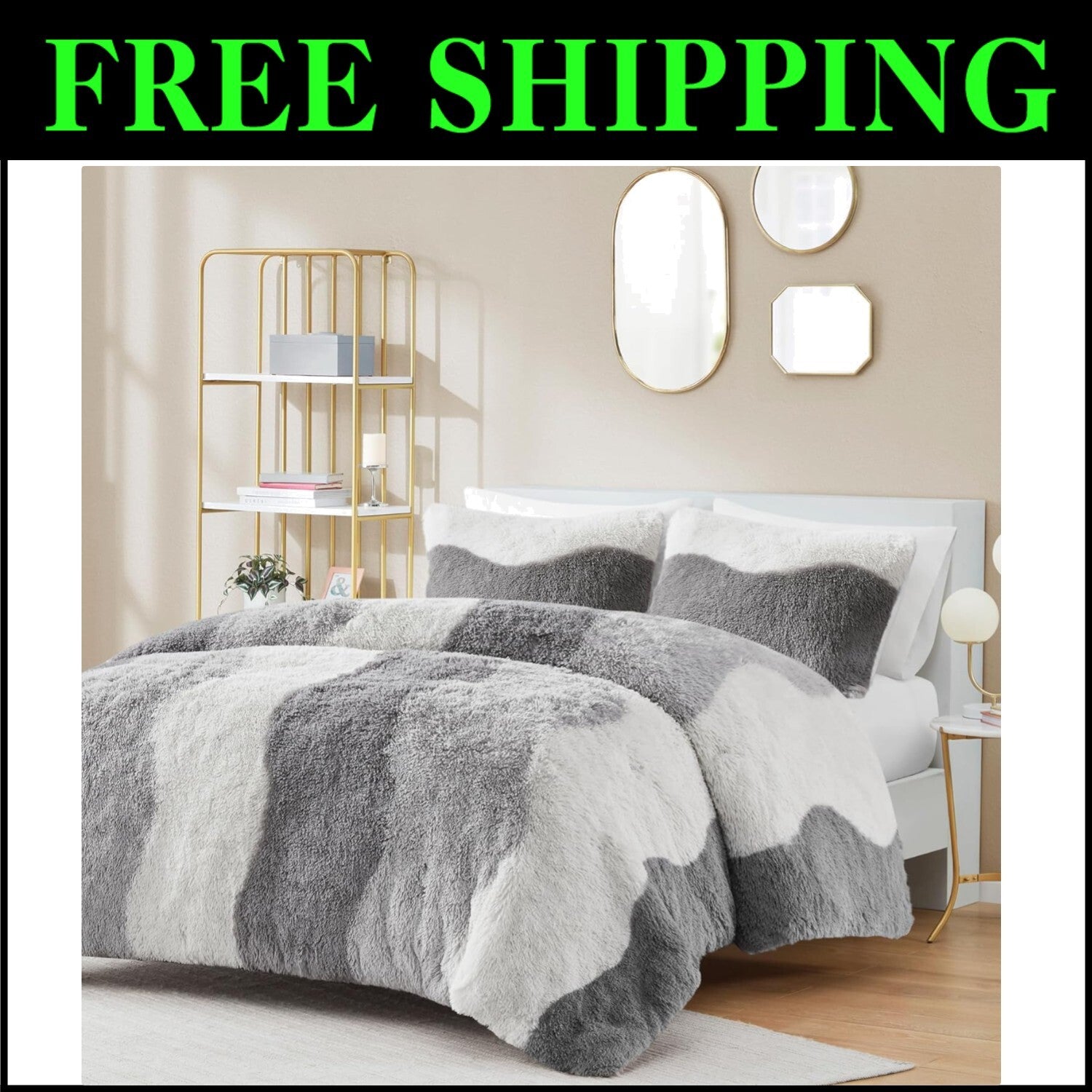 Oeko-Tex Certified Shaggy Faux Fur Comforter Set in Stylish Grey Ombre, 3-Piece