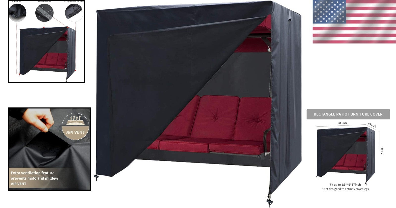 Black Waterproof Swing Canopy Cover 3-Seater - Heavy Duty All Weather Protection
