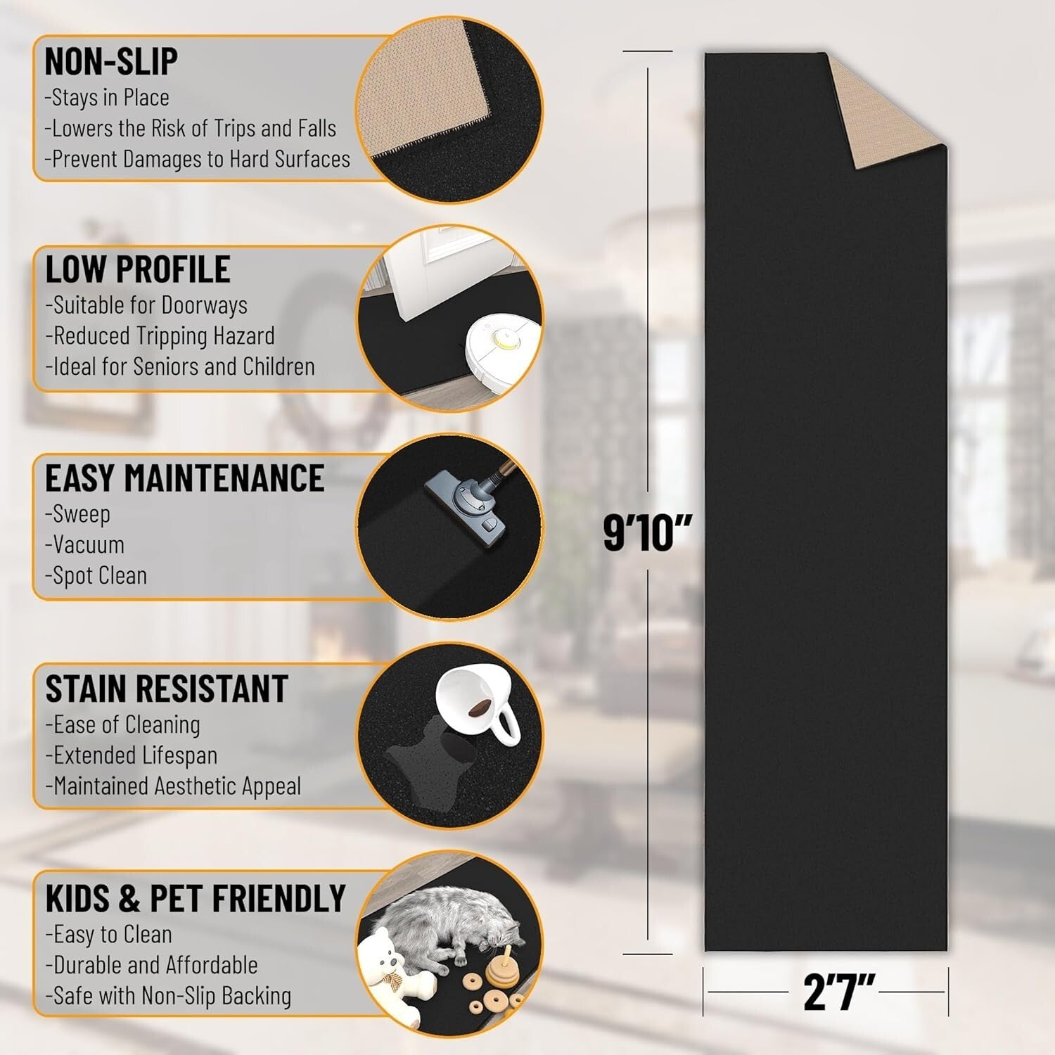 Elegant 2'7" x 9'10" Hallway Runner Rug - Non-Slip & Easy to Clean Black Carpet