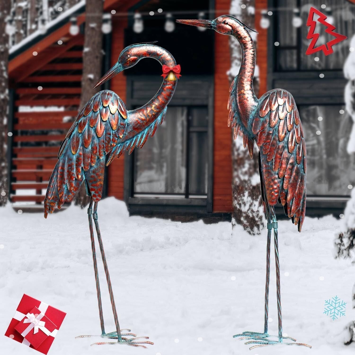 Freestanding Patina Metal Crane Statues - Majestic Garden Decor for All Seasons