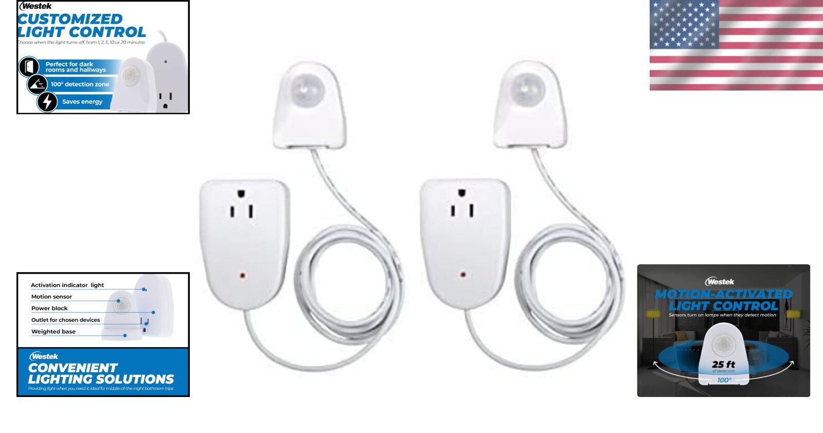 Easy Install Motion Sensor Light Control for Home - 2 Pack, 25ft Detection