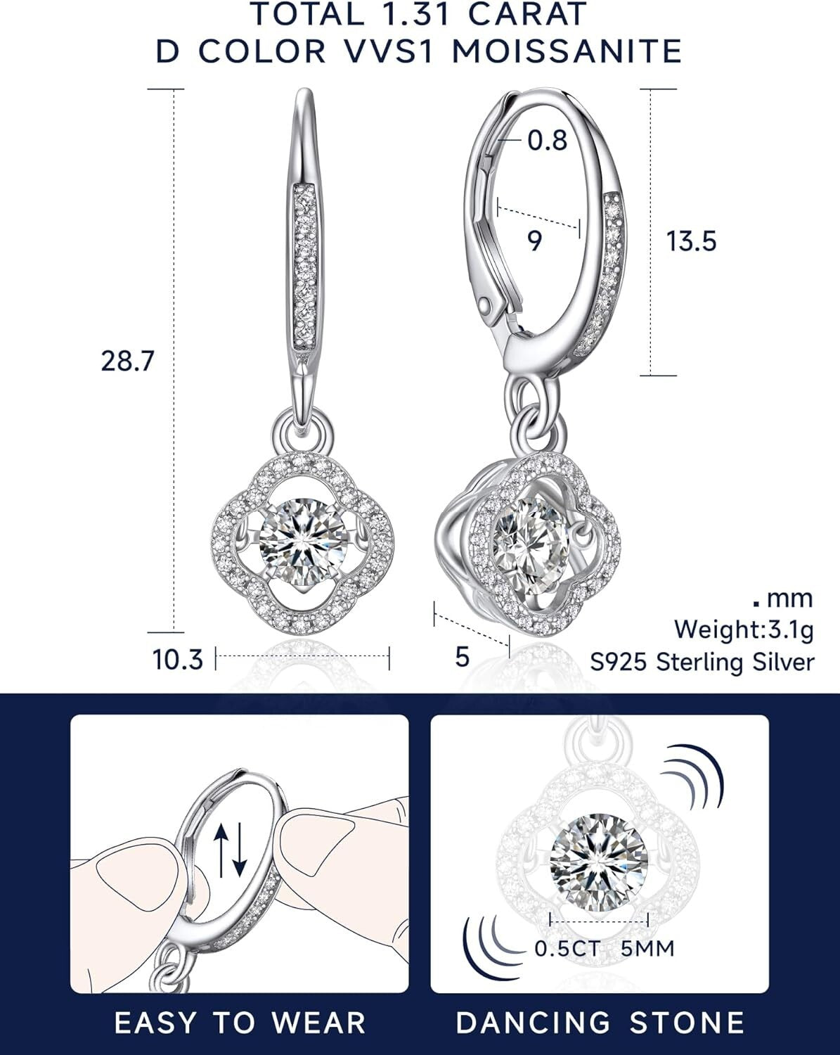 Luxurious 925 Silver Moissanite Dangle Earrings – Birthday and Valentine’s Gift