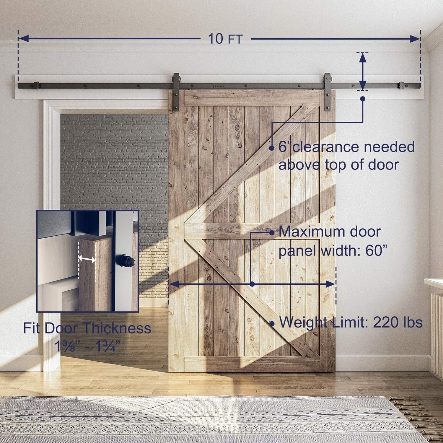 Durable Heavy Duty Black Barn Door Hardware Kit - Easy Install with Instructions