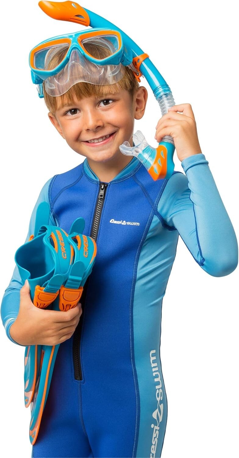 Blue/Orange Rocks Kids Snorkel Gear - Complete Mask, Fins & Splash Guard Snorkel