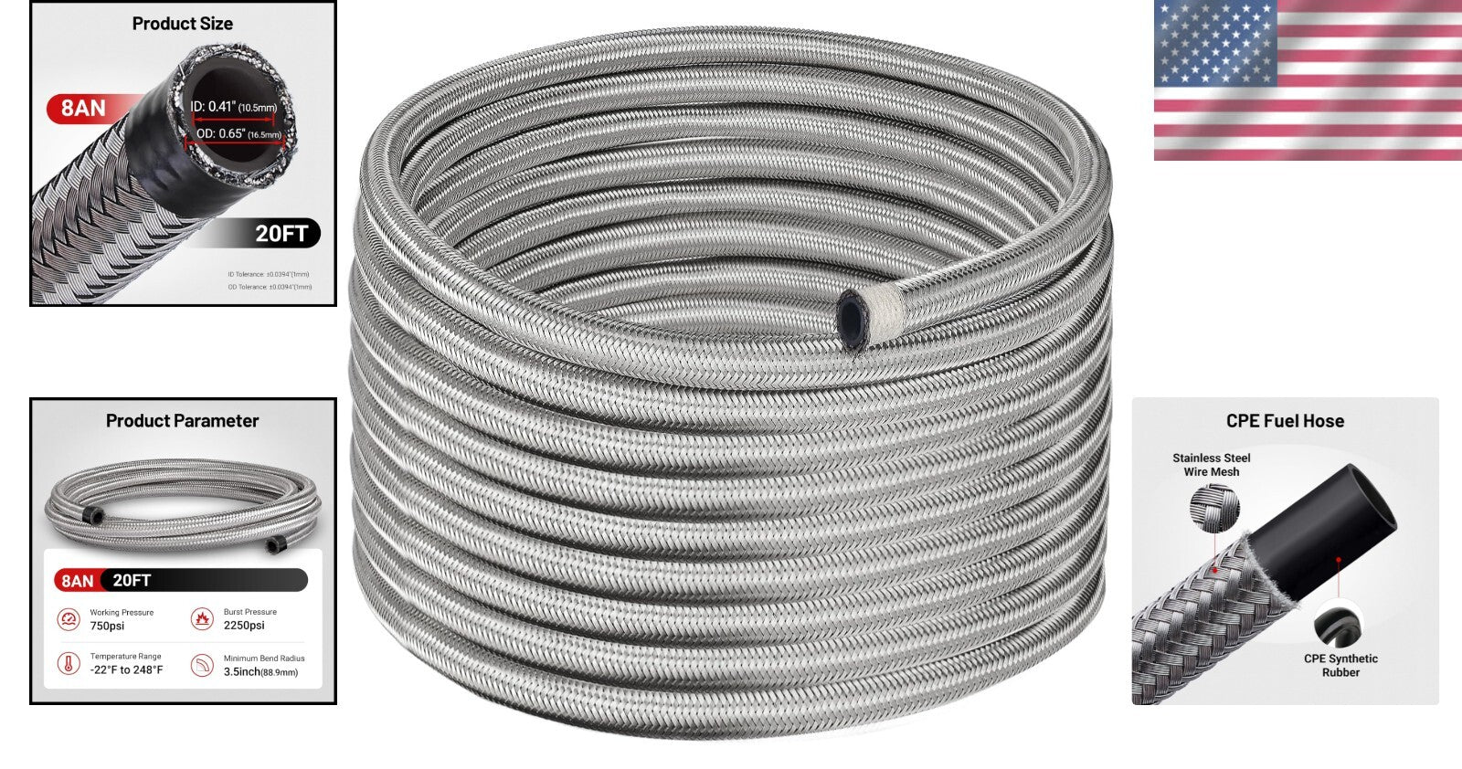 High-Pressure 20FT Silver 8AN Braided Fuel Line - Ideal for Professionals