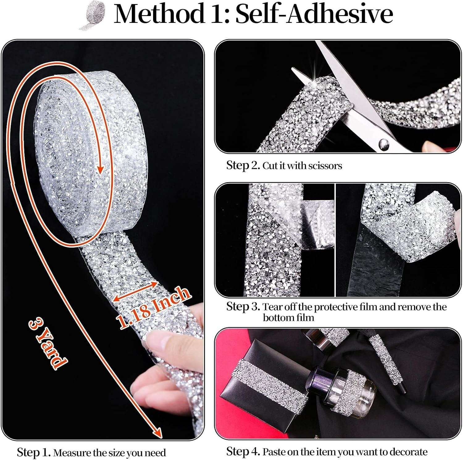 12 Yards Bling Rhinestone Ribbon - Self-Adhesive Glitter for Crafts & Decor