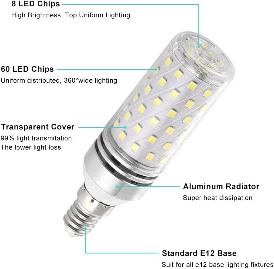 E12 LED Bulbs, 16W 1500LM Daylight White 6000K - Pack of 12 Energy-Saving Lamps