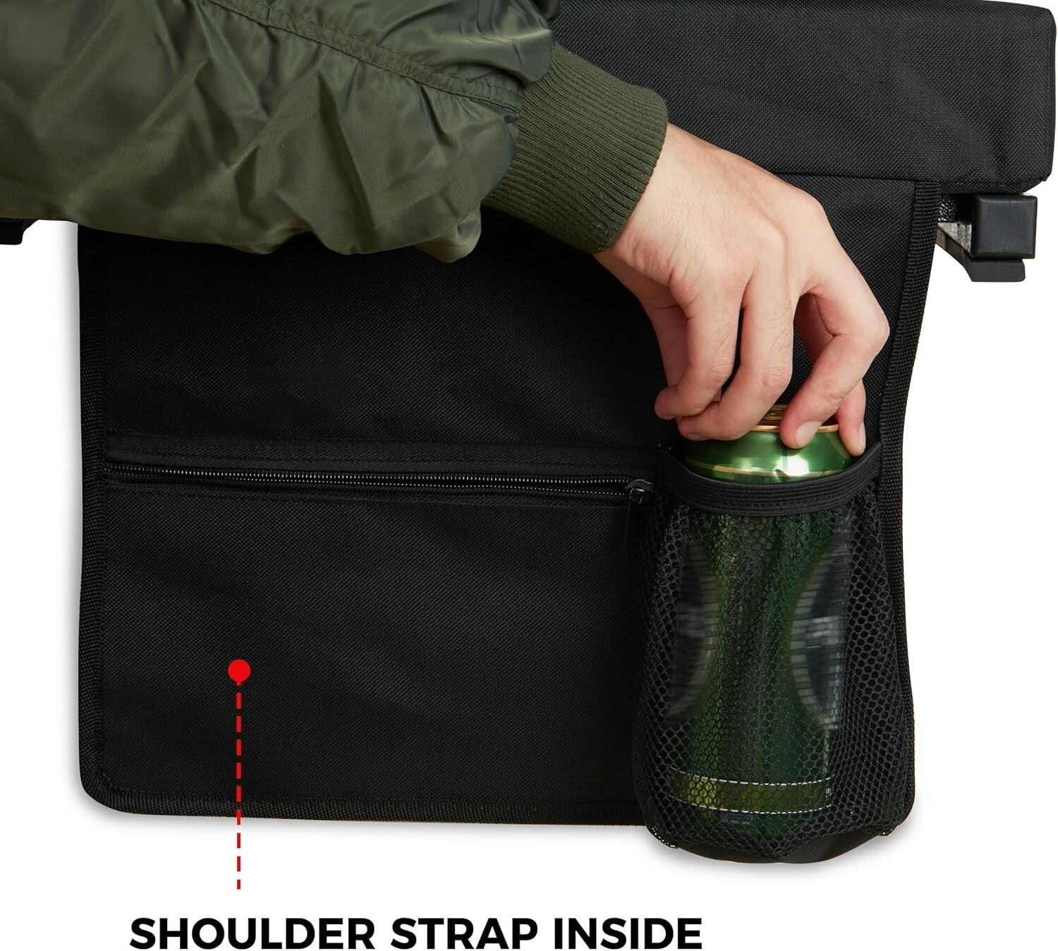 Solid Black Outdoor Bleacher Chair with Cushion and Shoulder Strap - 350 lbs