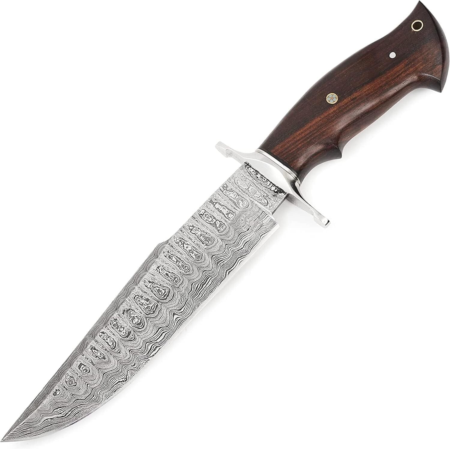 Durable Damascus Hunting Knife with Compound Bevel Blade & Leather Sheath